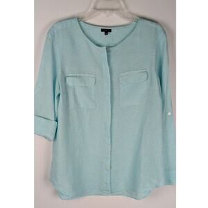 Talbots 100%Linen Collarless Blouse Aqua Size LP+ Roll-Tab Tunic Petite VGUC